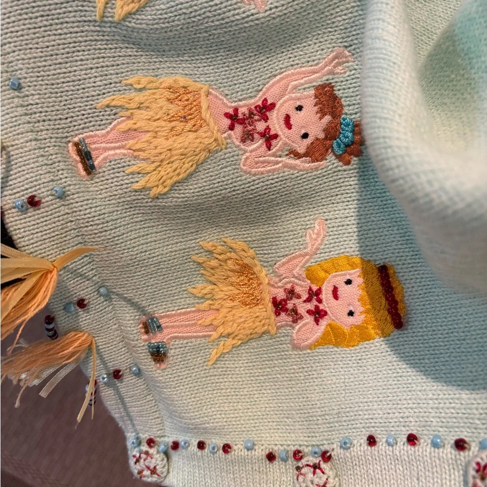 NWT Storybook Knits 2X Lt Blue Luau Hula Girl Embroidered Short Sleeve Cardigan - Picture 3 of 16